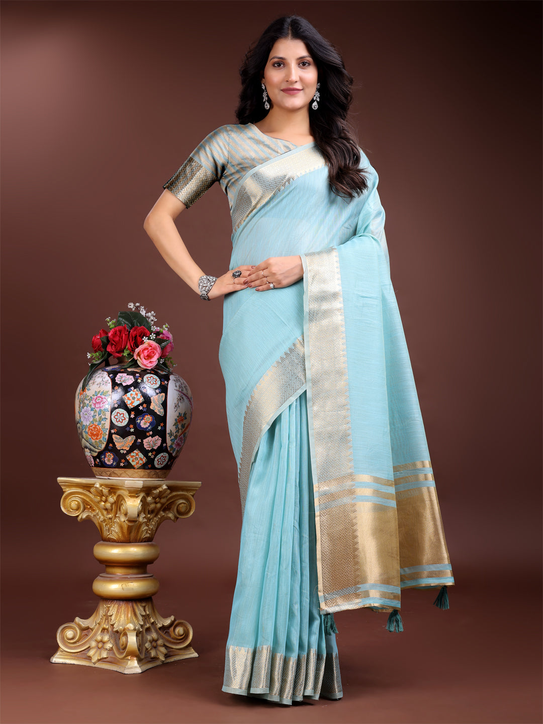 Shree Shyam Fashion Sky Blue Gold Cotton Ready-to-Wear Saree - Simplicity Meets Effortless Grace