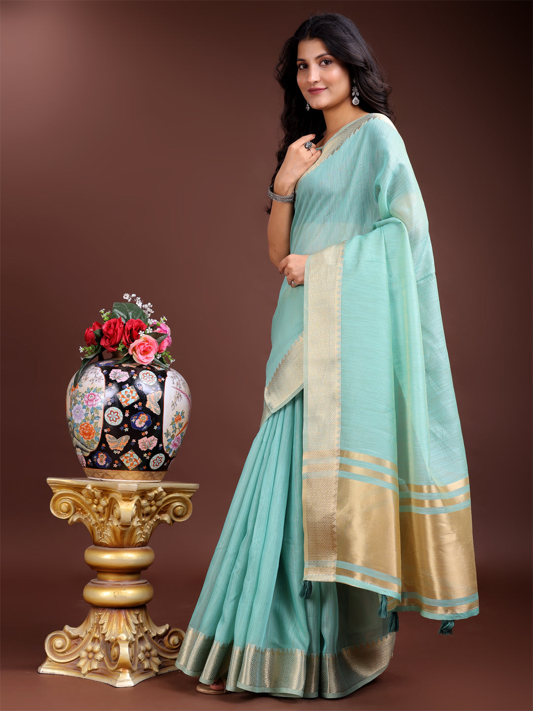 Shree Shyam Fashion Sea Green Gold Cotton Ready-to-Wear Saree - Simplicity Meets Effortless Grace