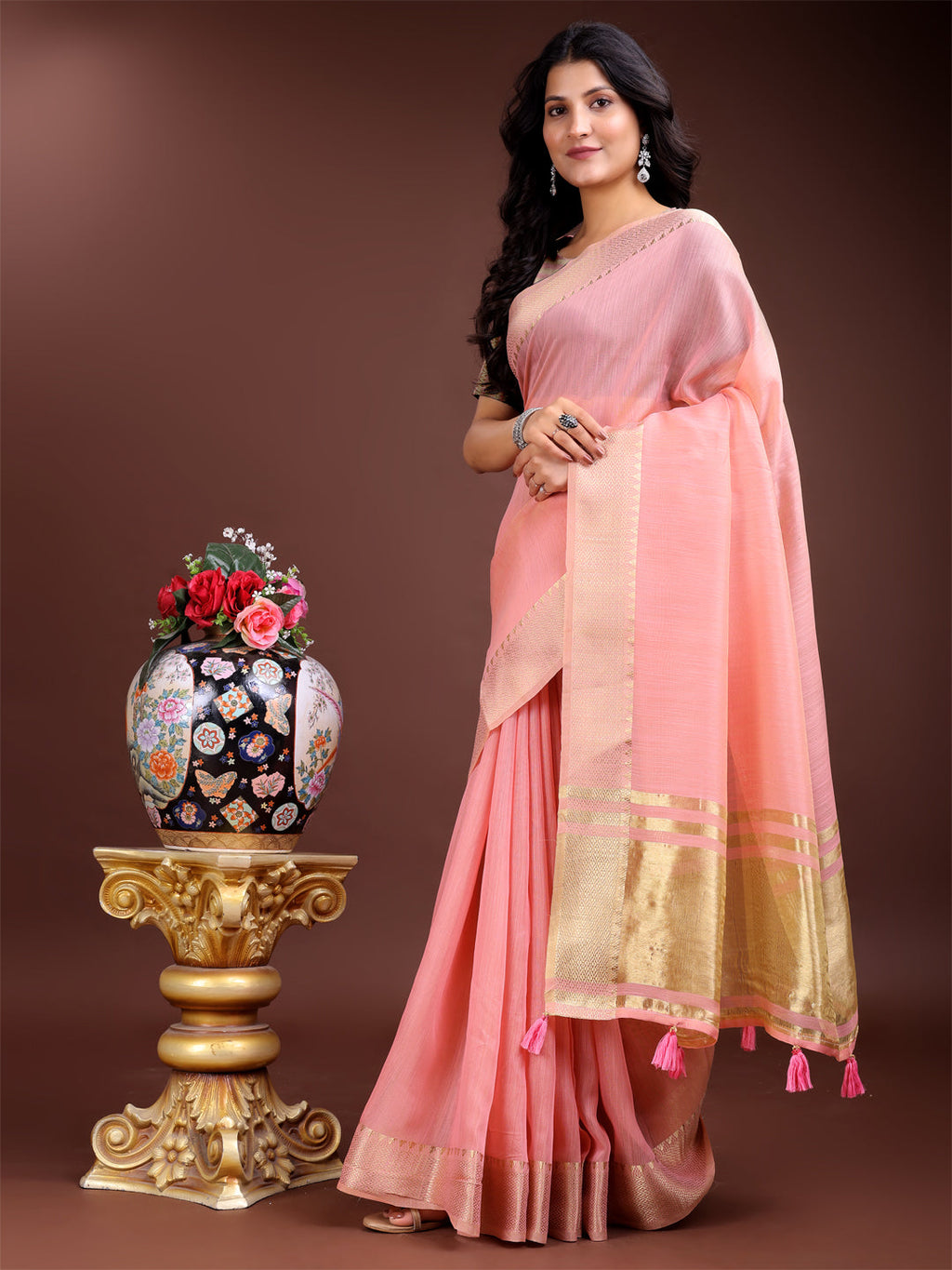 Shree Shyam Fashion Pink Gold Cotton Ready-to-Wear Saree - Simplicity Meets Effortless Grace