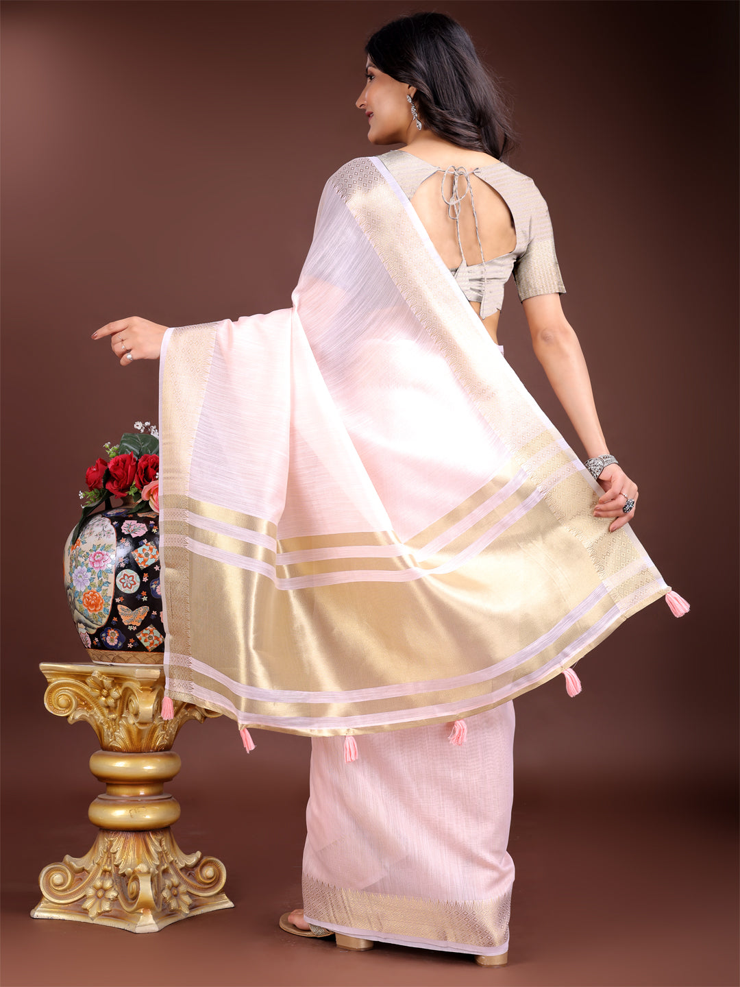 Shree Shyam Fashion Light Pink Gold Cotton Ready-to-Wear Saree - Simplicity Meets Effortless Grace