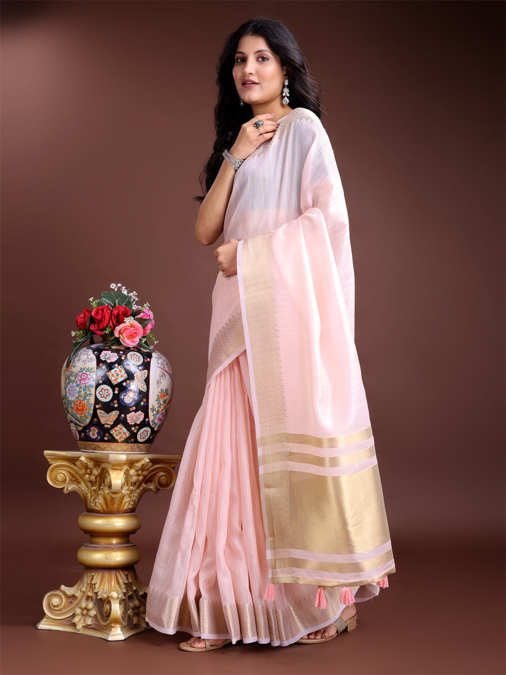 Shree Shyam Fashion Light Pink Gold Cotton Ready-to-Wear Saree - Simplicity Meets Effortless Grace