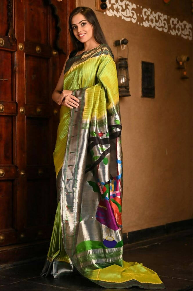 Very Much Indian Premium Handloom Pure Silk Muniya Borde-Parrot Green,Silver Zari And Intricate Big Radha Krishna Pallu