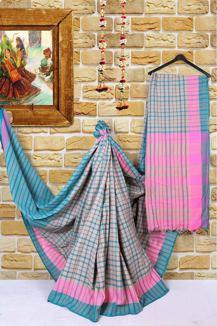 Vamika Cream Cotton Silk Weaving Saree (Terra Checks Rama)
