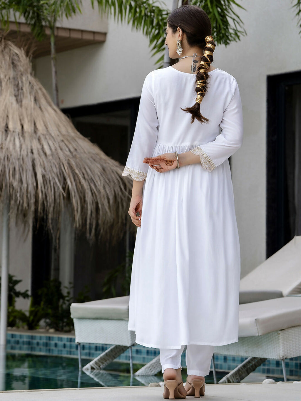 The52 White Women's Gorgeous Embroidered Chanderi Fabric Straight Kurta, Pant and Dupatta Set