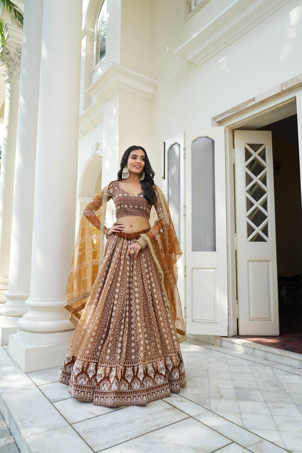 Eilara Glamorous Brown Butterfly Net With Thread And Sequence Embroidered Work Fancy Lace Lehenga Choli For Wedding