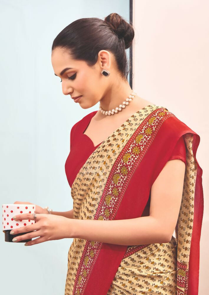 Joban Fashion Cream Crepe Silk with Traditional Print Saree