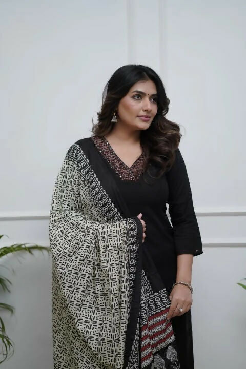 The52 Black Women's Gorgeous Parampara Fabric Embroidered Work Straight Kurta Palazzo and Dupatta Set