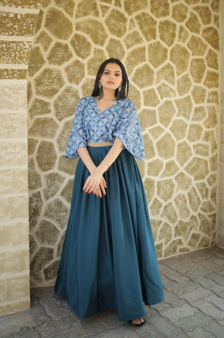 Jyoti Fashion Women's Teal Printed with Sequins Chinon Anarkali Dress