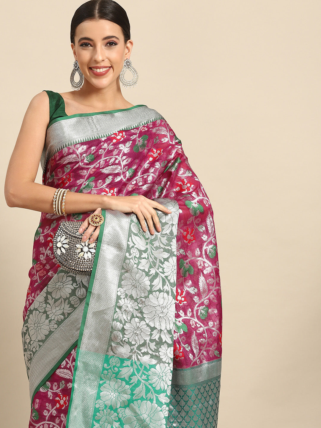 Magenta Brocade Woven Zari Design Floral Saree with Unstitched Blouse - Hiral Fashion