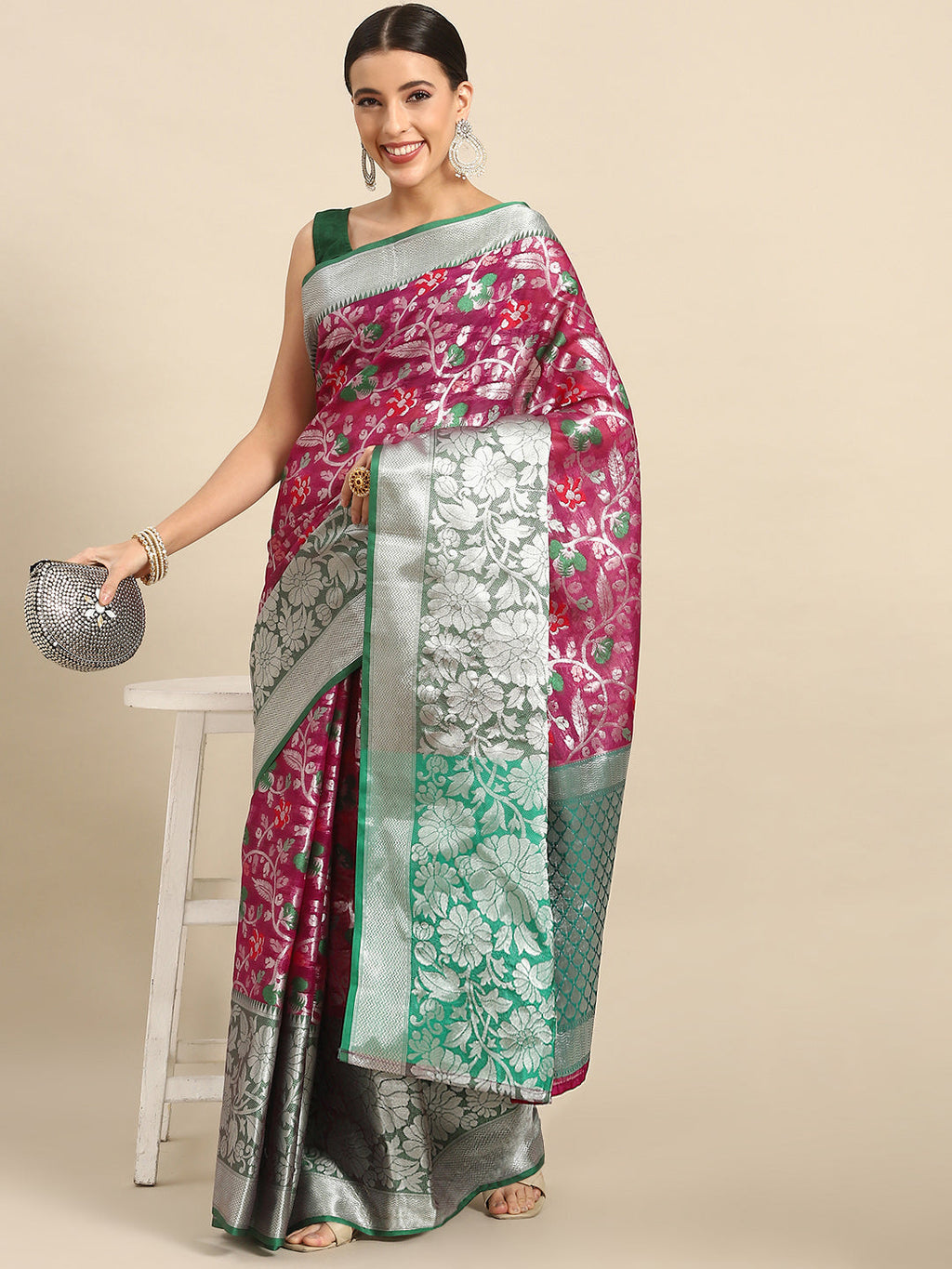 Magenta Brocade Woven Zari Design Floral Saree with Unstitched Blouse - Hiral Fashion