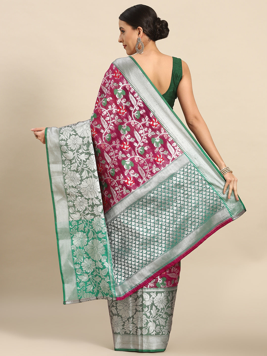 Magenta Brocade Woven Zari Design Floral Saree with Unstitched Blouse - Hiral Fashion