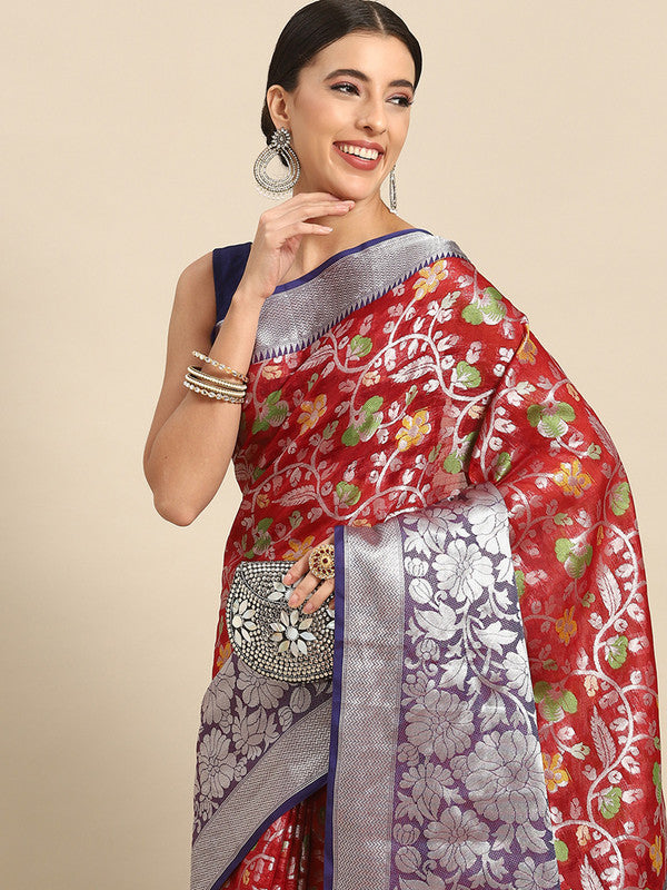 Red Brocade Woven Zari Design Floral Saree with Unstitched Blouse - Hiral Fashion
