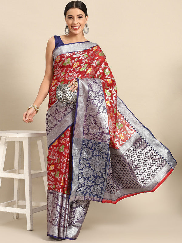 Red Brocade Woven Zari Design Floral Saree with Unstitched Blouse - Hiral Fashion