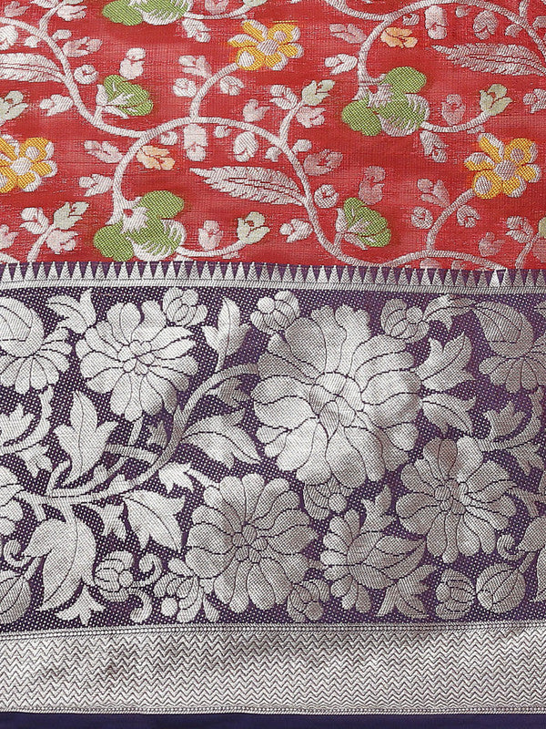 Red Brocade Woven Zari Design Floral Saree with Unstitched Blouse - Hiral Fashion
