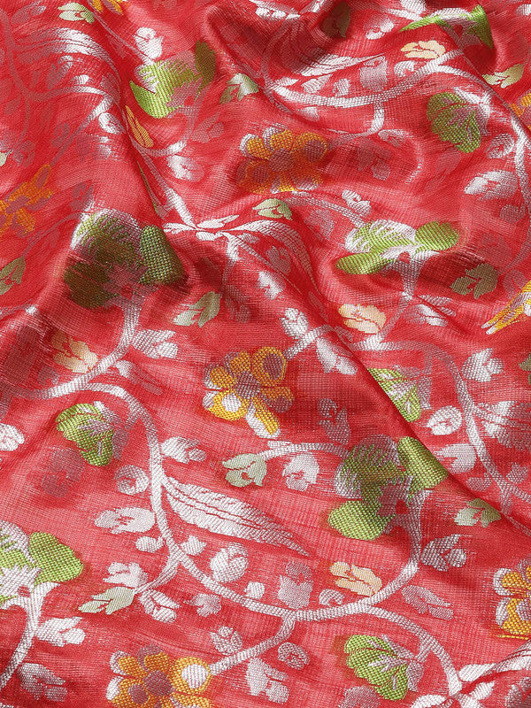 Red Brocade Woven Zari Design Floral Saree with Unstitched Blouse - Hiral Fashion