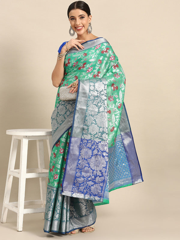 Turquoise Brocade Woven Zari Design Floral Saree with Unstitched Blouse - Hiral Fashion