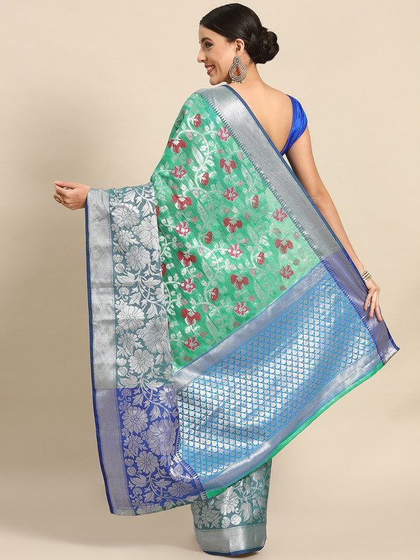 Turquoise Brocade Woven Zari Design Floral Saree with Unstitched Blouse - Hiral Fashion