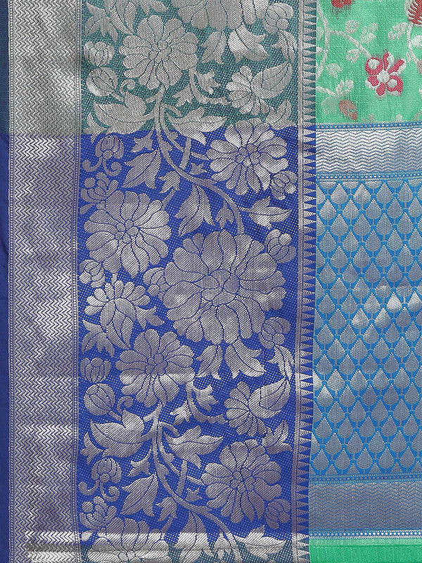 Turquoise Brocade Woven Zari Design Floral Saree with Unstitched Blouse - Hiral Fashion