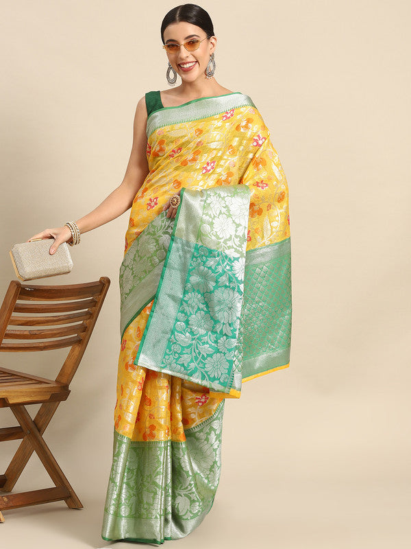 Yellow Brocade Woven Zari Design Floral Saree with Unstitched Blouse - Hiral Fashion