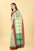 Beige Cotton Blend Printed Floral Saree with Unstitched Blouse - Hiral Fashion
