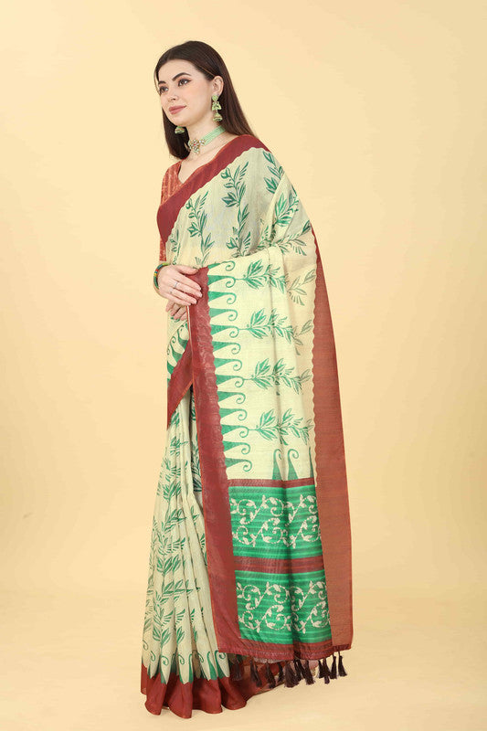 Beige Cotton Blend Printed Floral Saree with Unstitched Blouse - Hiral Fashion