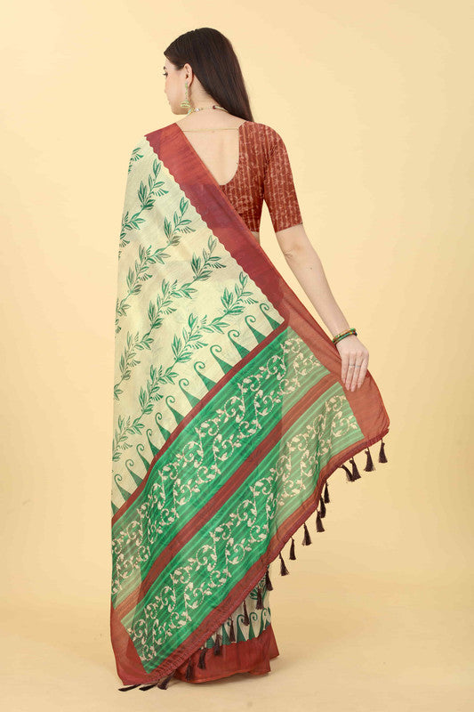 Beige Cotton Blend Printed Floral Saree with Unstitched Blouse - Hiral Fashion
