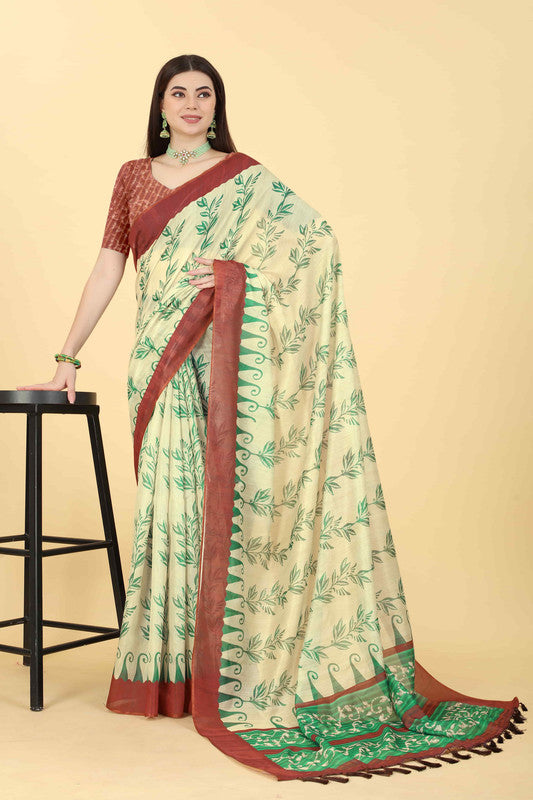 Beige Cotton Blend Printed Floral Saree with Unstitched Blouse - Hiral Fashion