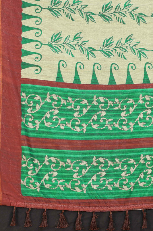 Beige Cotton Blend Printed Floral Saree with Unstitched Blouse - Hiral Fashion