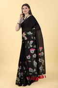 Black Cotton Blend Printed Floral Saree with Unstitched Blouse - Hiral Fashion