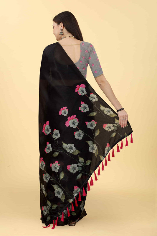 Black Cotton Blend Printed Floral Saree with Unstitched Blouse - Hiral Fashion