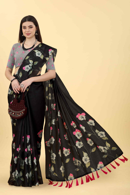 Black Cotton Blend Printed Floral Saree with Unstitched Blouse - Hiral Fashion