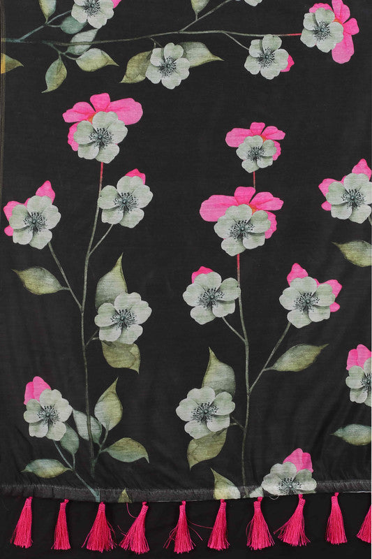 Black Cotton Blend Printed Floral Saree with Unstitched Blouse - Hiral Fashion