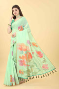 Green Cotton Blend Printed Floral Saree with Unstitched Blouse - Hiral Fashion