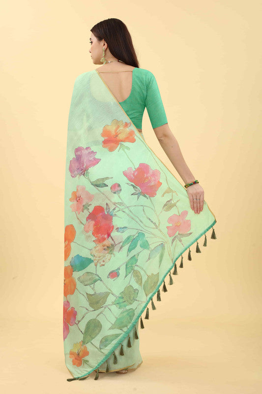 Green Cotton Blend Printed Floral Saree with Unstitched Blouse - Hiral Fashion
