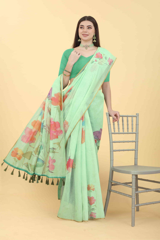 Green Cotton Blend Printed Floral Saree with Unstitched Blouse - Hiral Fashion