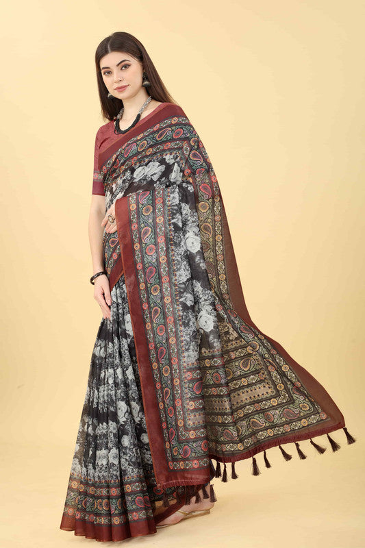 Multicolor Cotton Blend Printed Floral Saree with Unstitched Blouse - Hiral Fashion