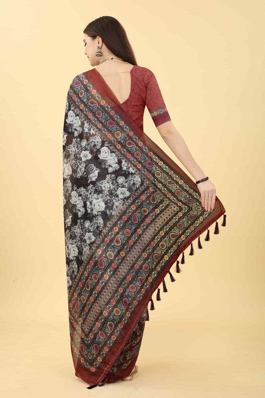 Multicolor Cotton Blend Printed Floral Saree with Unstitched Blouse - Hiral Fashion