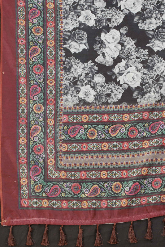 Multicolor Cotton Blend Printed Floral Saree with Unstitched Blouse - Hiral Fashion