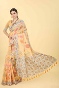 Peach Cotton Blend Printed Floral Saree with Unstitched Blouse - Hiral Fashion