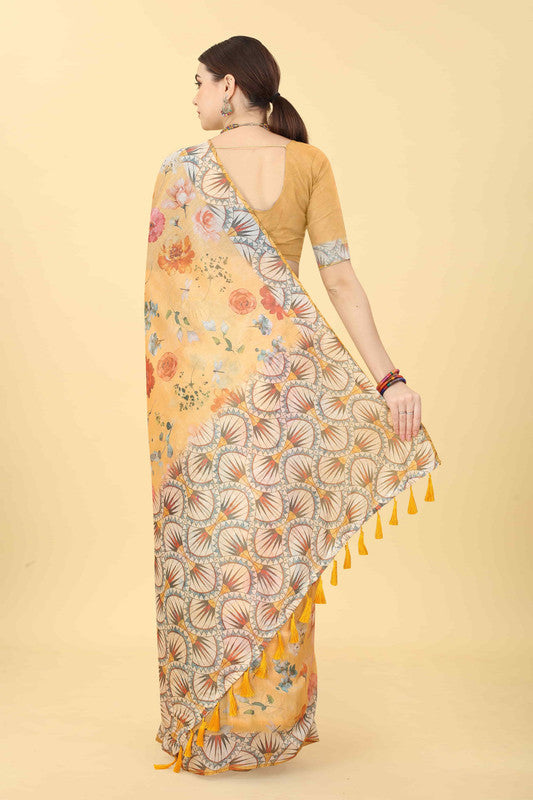 Peach Cotton Blend Printed Floral Saree with Unstitched Blouse - Hiral Fashion