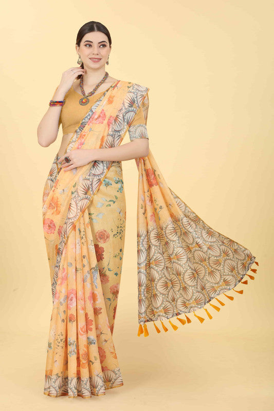 Peach Cotton Blend Printed Floral Saree with Unstitched Blouse - Hiral Fashion
