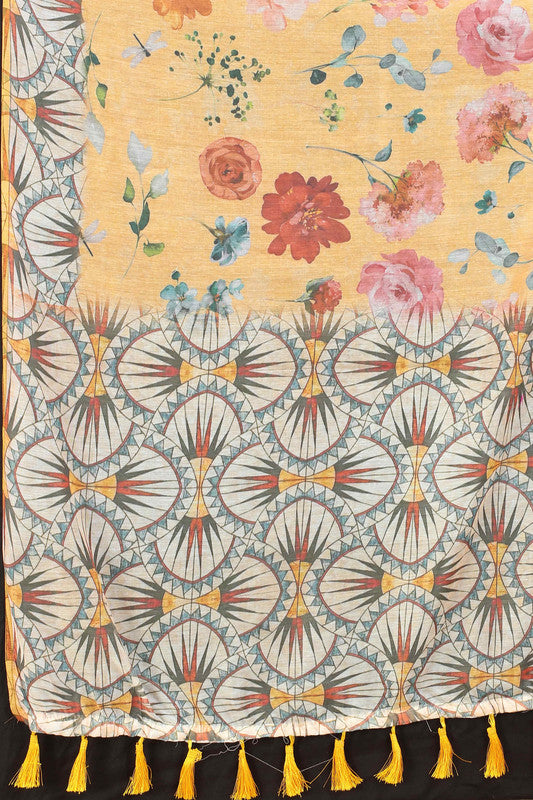 Peach Cotton Blend Printed Floral Saree with Unstitched Blouse - Hiral Fashion