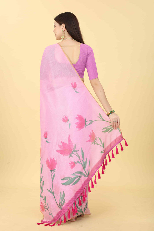 Pink Cotton Blend Printed Floral Saree with Unstitched Blouse - Hiral Fashion