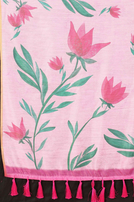 Pink Cotton Blend Printed Floral Saree with Unstitched Blouse - Hiral Fashion