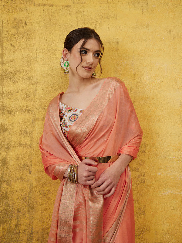 Peach Pure Viscose Chinon Zari Woven Solid Saree with Unstitched Blouse - Hiral Fashion