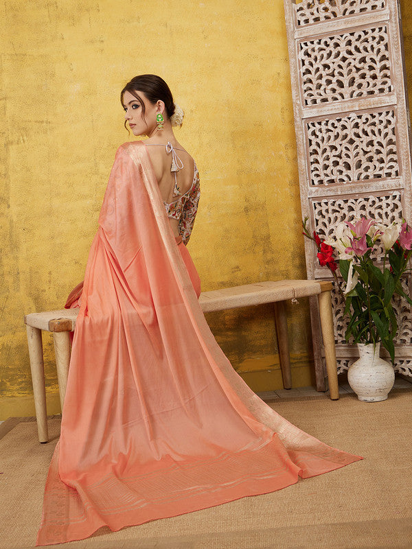 Peach Pure Viscose Chinon Zari Woven Solid Saree with Unstitched Blouse - Hiral Fashion