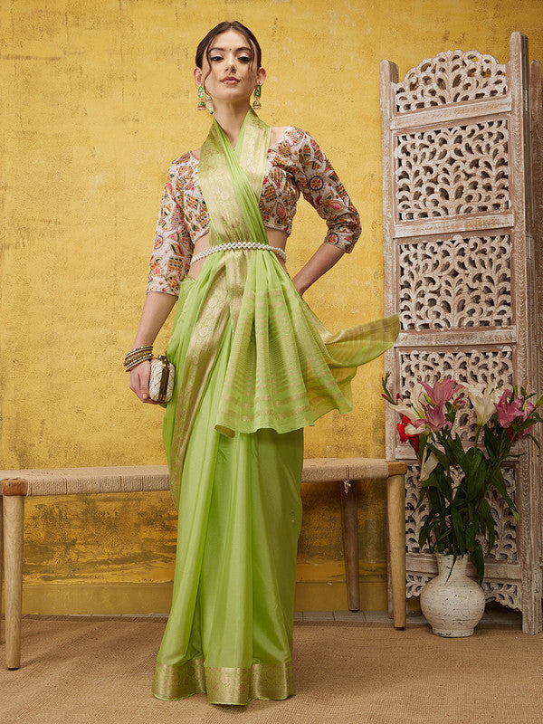 Green Pure Viscose Chinon Zari Woven Solid Saree with Unstitched Blouse - Hiral Fashion
