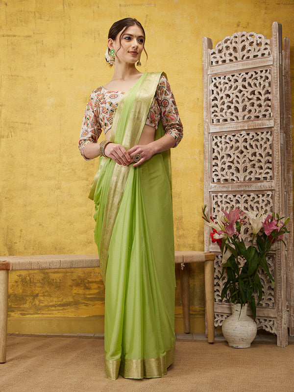 Green Pure Viscose Chinon Zari Woven Solid Saree with Unstitched Blouse - Hiral Fashion