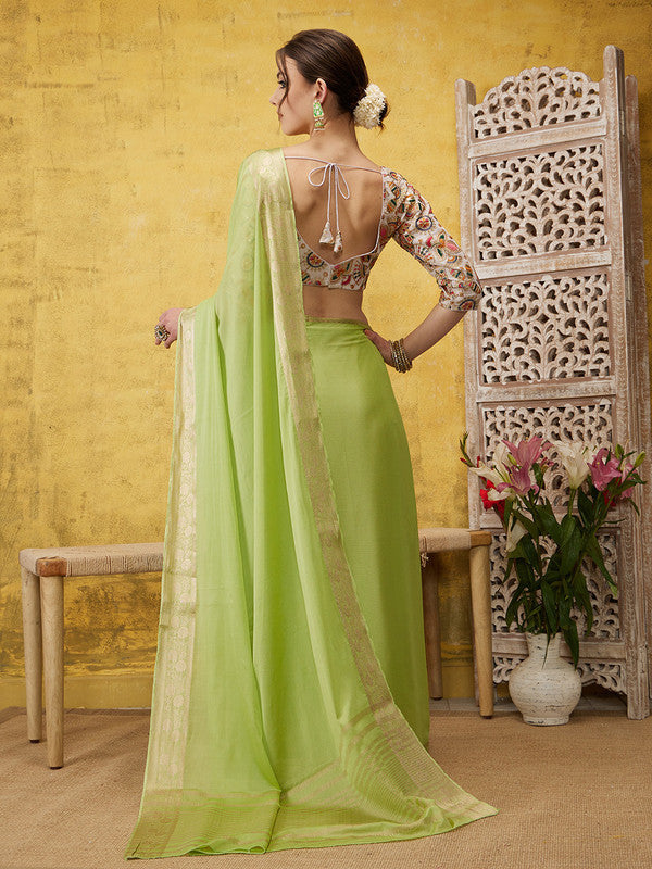 Green Pure Viscose Chinon Zari Woven Solid Saree with Unstitched Blouse - Hiral Fashion
