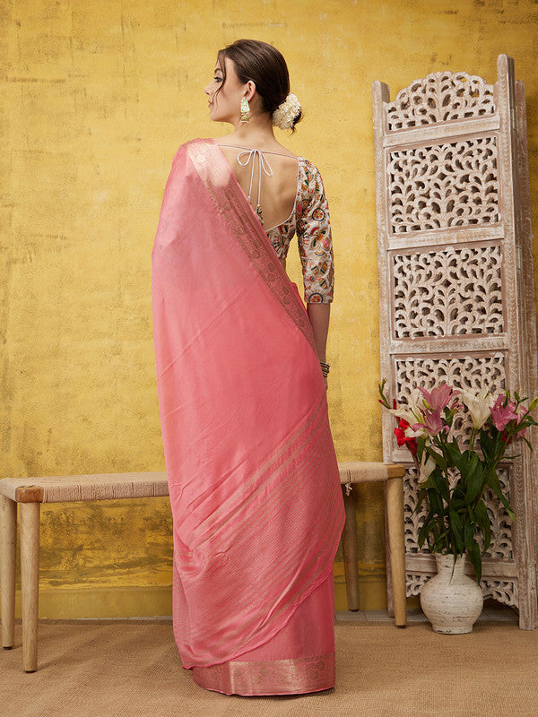 Light Pink Pure Viscose Chinon Zari Woven Solid Saree with Unstitched Blouse - Hiral Fashion